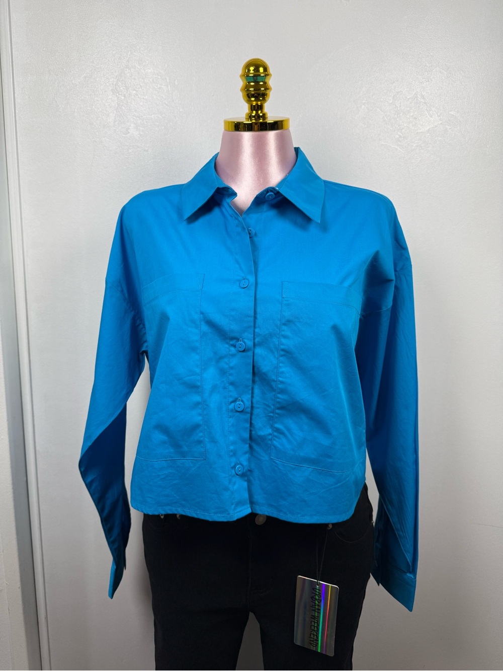 Forever 21 Bright Blue Oversized Button Down Shirt Large - Picture 2 of 8